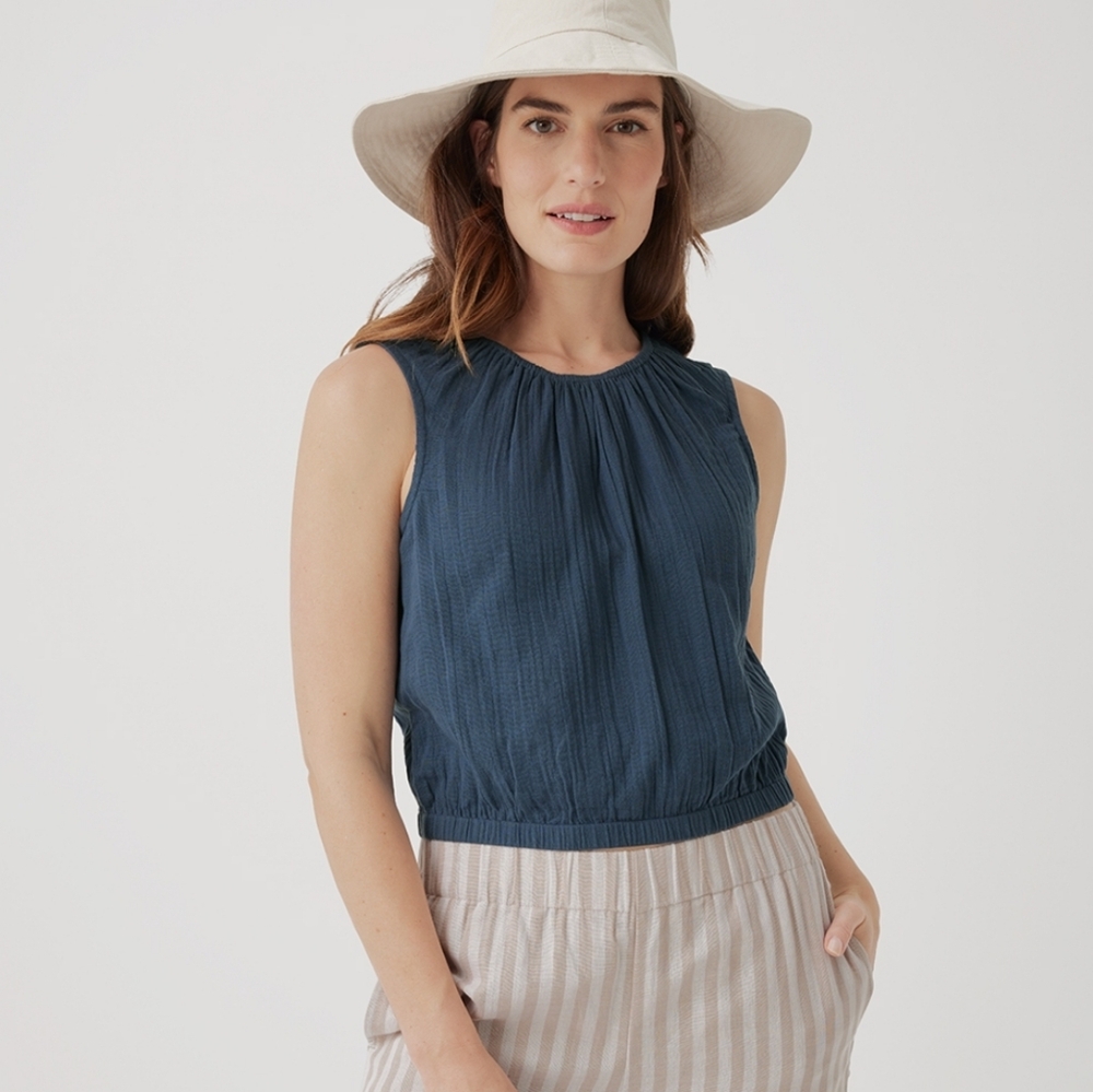 Pact Coastal Bubble Hem Gauze Top Navy Size XXL
